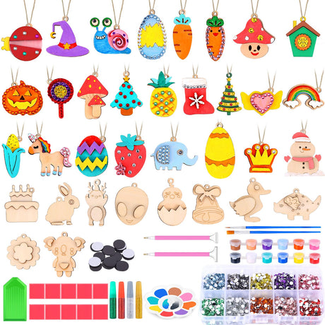 36 Pcs Wooden Magnets DIY Kit Wooden Art Craft Hanging Ornament Painting Craft Kit Gifts for Kids Boy Girl Easter Crafts Toys Basket Goodie Bag Stuffers HIYZI