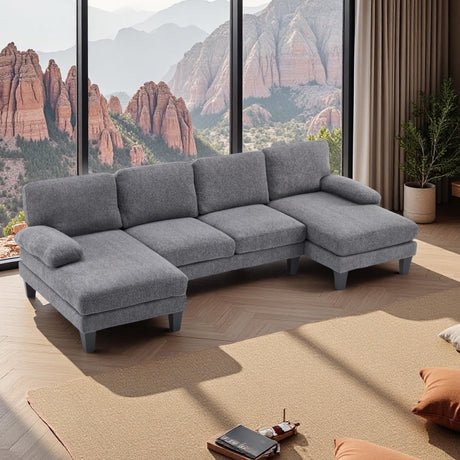 VINGLI 110' U-Shaped Sectional Couch with Two Chaise, Affordable Small Sofa with 4 Seats, Chenille Fabric Comfy Couches for Living Room, Dark Grey VINGLI