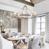 YongMing CL Farmhouse Wagon Wheel Chandelier 31" Gold Wooden Chandelier 12-Light Rustic Pendant Light Fixture for Dining Room Living Room Entryway Foyer YongMing CL