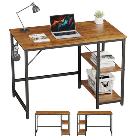 JOISCOPE Home Office Small Gaming Computer Desk with Wooden 2-Tier Removable Storage Shelf, Adjustable Leg Cushions and Splicing Plate,Computer Table for Writing Study Room, 40 x 24in.(Vintage Oak) JOISCOPE