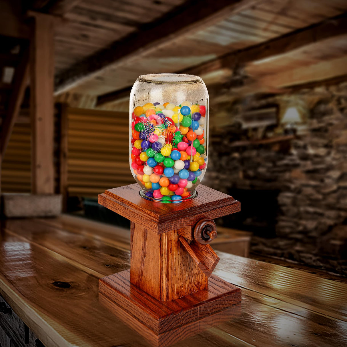Handcrafted Amish Wooden Candy Dispenser Glass Jar Solid Oak Wood M&M's, Peanuts, Reese's Pieces, Skittles, Jelly Beans, Runts (Sorrel) AMISH VALLEY PRODUCTS