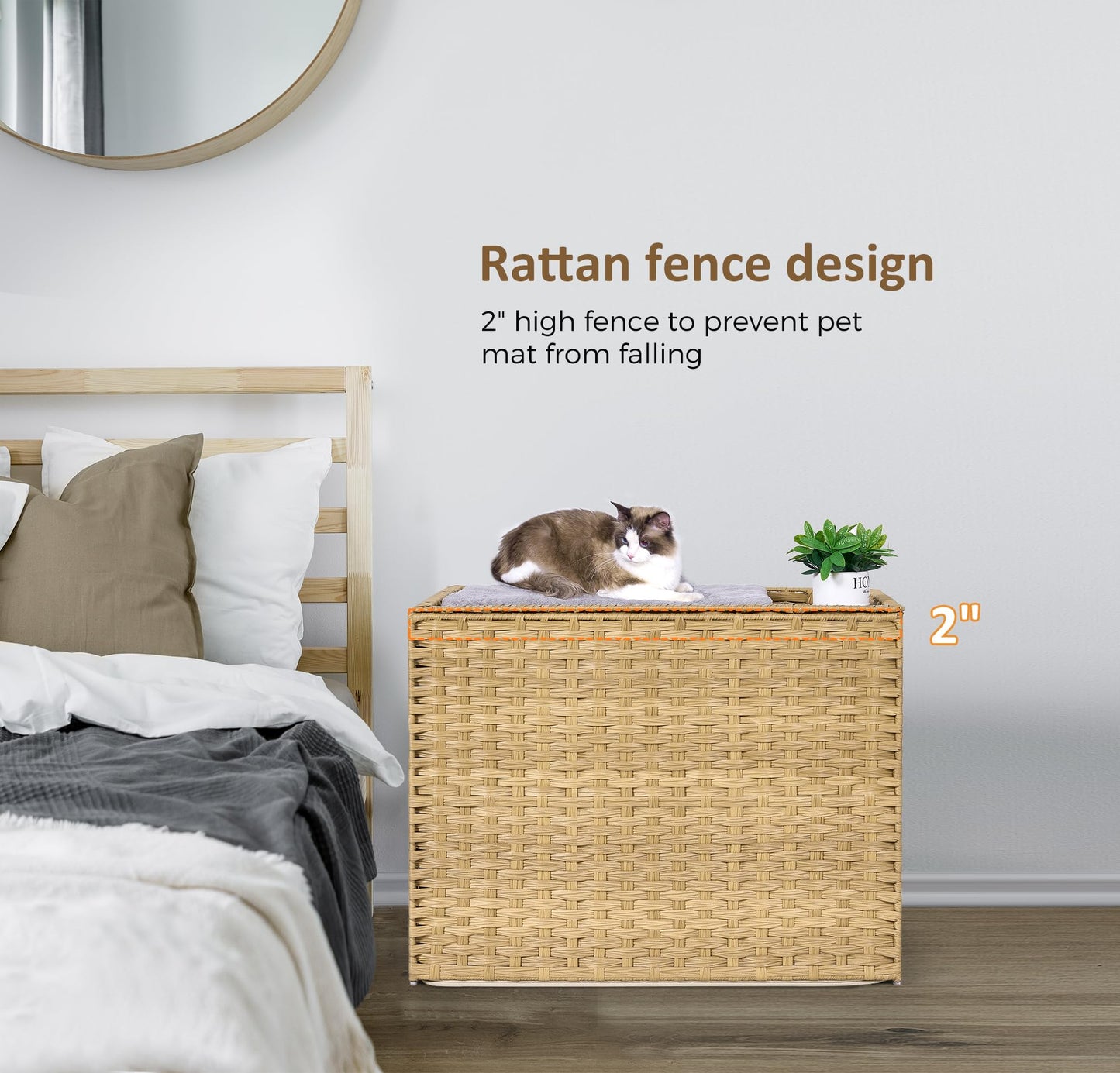 Cat Litter Box Enclosure with Litter Trapping Mat; Handwoven Plastic Rattan Cat House; No Installation Hidden Cat Washroom; Pet Crate for Balcony,Bedroom,Living Room