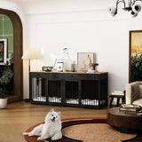 PIAOMTIEE 86.6" Large Double Dog Crate Furniture, XXL Wooden Dog Crate Kennel Furniture with Divider and 4 Drawers, Dog Crates Furniture for 2 Large Dogs Indoor, Black PIAOMTIEE