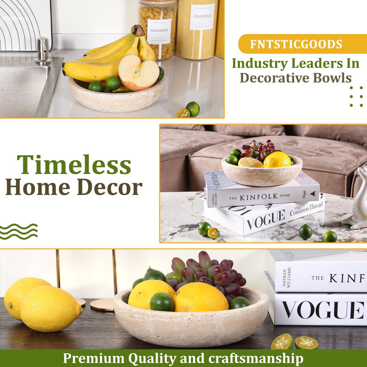 FNTSTICGOODS Travertine Decorative Bowl - 7.8” Diameter & 2” Height - Key Bowl for Entryway Table - Travertine Bowl for Fruit - Organic Modern Centerpiece Bowl - Beige/Natural FNTSTICGOODS