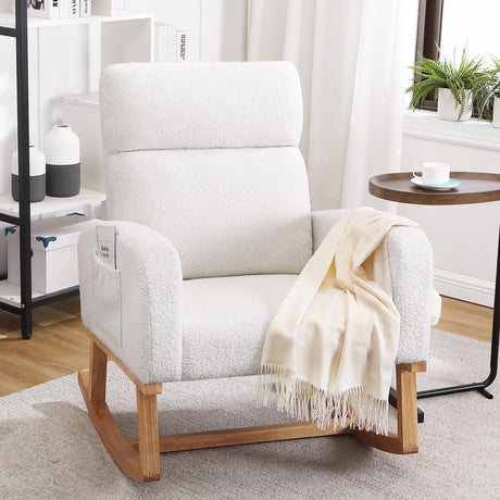HCHAIRH Rocking Chair Nursery, Sherpa Nursing Rocking Armchair for Mom Nursery Morden Rocker Chair with High Backrest for Living Room,Bedroom,Teddy White HCHAIRH