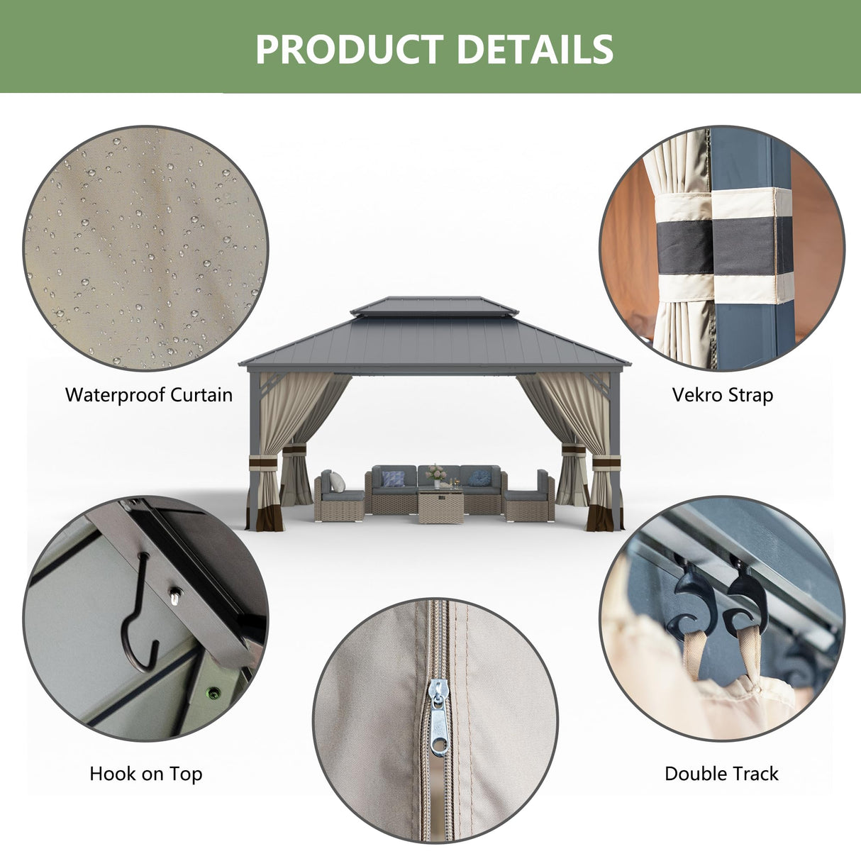 12' x 16' Hardtop Gazebo,Outdoor Galvanized Steel Metal Double Roof Gazebo with Curtains and Netting for Patios, Gardens, Lawns,Khaki Kullavik