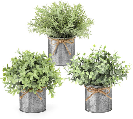 Mkono Small Fake Plants in Farmhouse Galvanized Metal Pots 3 Pack Potted Artificial Plant Eucalyptus for Laundry Room Bathroom Shelf Table Decor Mkono