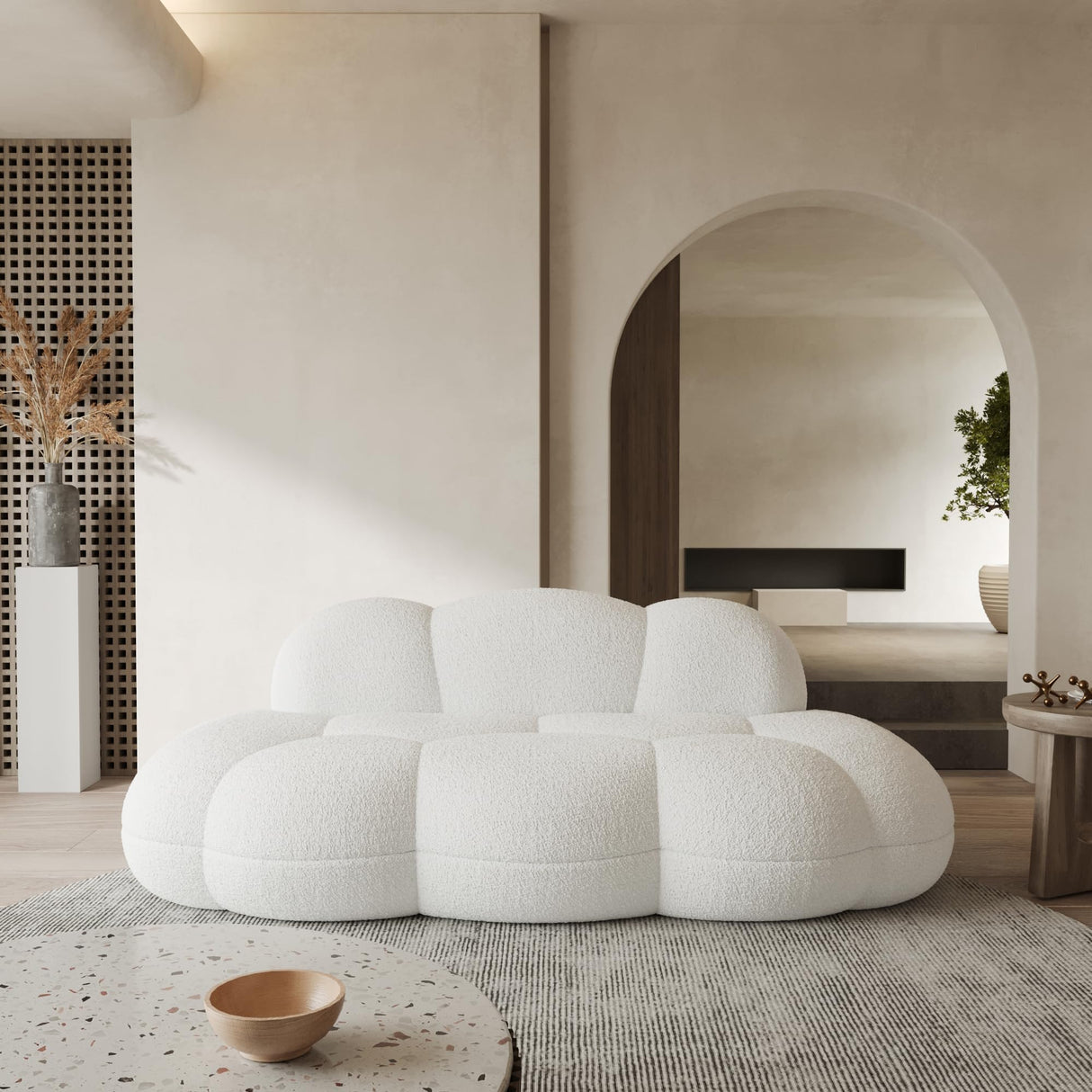 WJShome 90" Modern Curved Couch Cloud Shaped Sofa for Living Room,Lazy Floor Couch, Boucle LoveSofa, Cozy Leisure Boneless Chaise Lounge, Apartment-No Assembly Required(White) WJShome