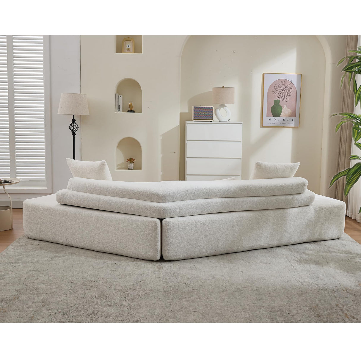 KEIKI 128" Oversized Modular Boucle Sectional Cloud Sofa with 4 Pillows, Upholstered Modern Minimalist Style 4-Seater Corner Couch, No Assembly Required, for Apartment, Living Room, Bedroom, Beige KEIKI