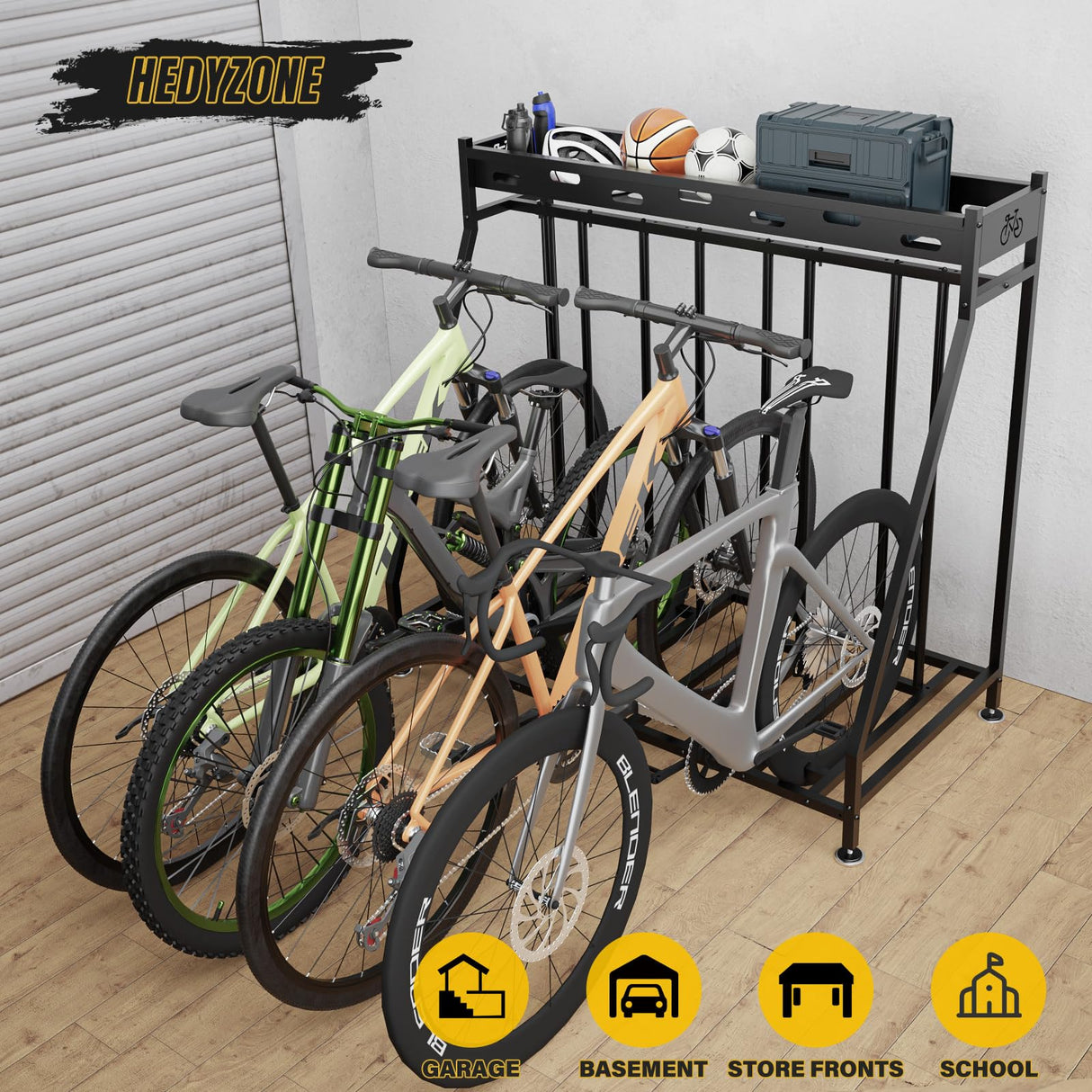 Hedyzone 4 Bike Stand Steady Bike Rack Garage with Baskets Storage Indoor Bike Storage Rack Metal Floor Bicycle Station for Parking Suitable for Mountain, Hybrid, Adult and Kids Bikes Hedyzone