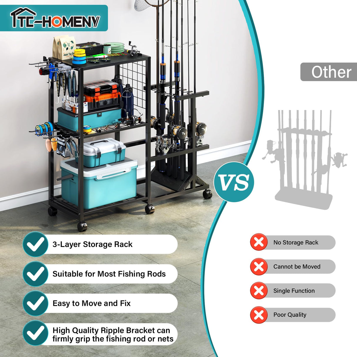 TC-HOMENY Fishing Rod Holders for Garage with Lockable Wheels, Heavy Duty Fishing Pole Rack Cart Holds Up to 10 Rods, Large Fishing Tackle Gear Organizer Storage rack for Room, Garage, Basement, Black TC-HOMENY
