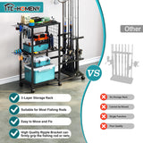 TC-HOMENY Fishing Rod Holders for Garage with Lockable Wheels, Heavy Duty Fishing Pole Rack Cart Holds Up to 10 Rods, Large Fishing Tackle Gear Organizer Storage rack for Room, Garage, Basement, Black TC-HOMENY