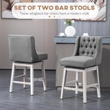 HOMCOM Counter Height Bar Stools Set of 2, 180 Degree Swivel Barstools, 27" Seat Height Bar Chairs with Solid Wood Footrests and Button Tufted Design, Gray HOMCOM