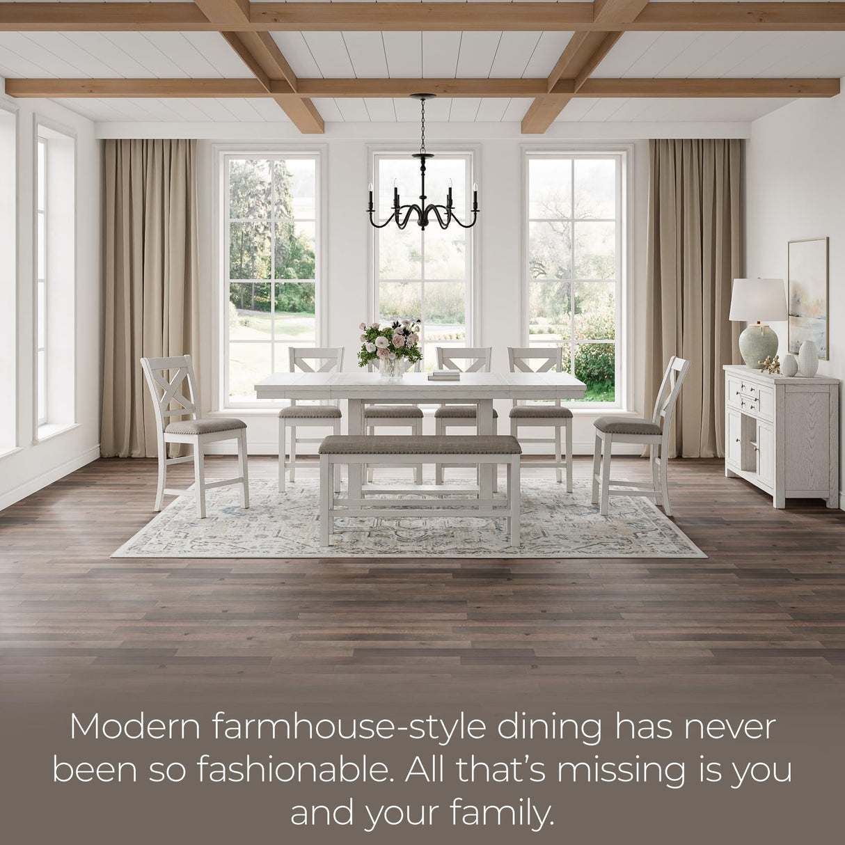 Signature Design by Ashley Robbinsdale Farmhouse Distressed Counter Height Dining Extension Table with Trestle Base, Planked Effect and 2 Removable End Leaves, White Signature Design by Ashley