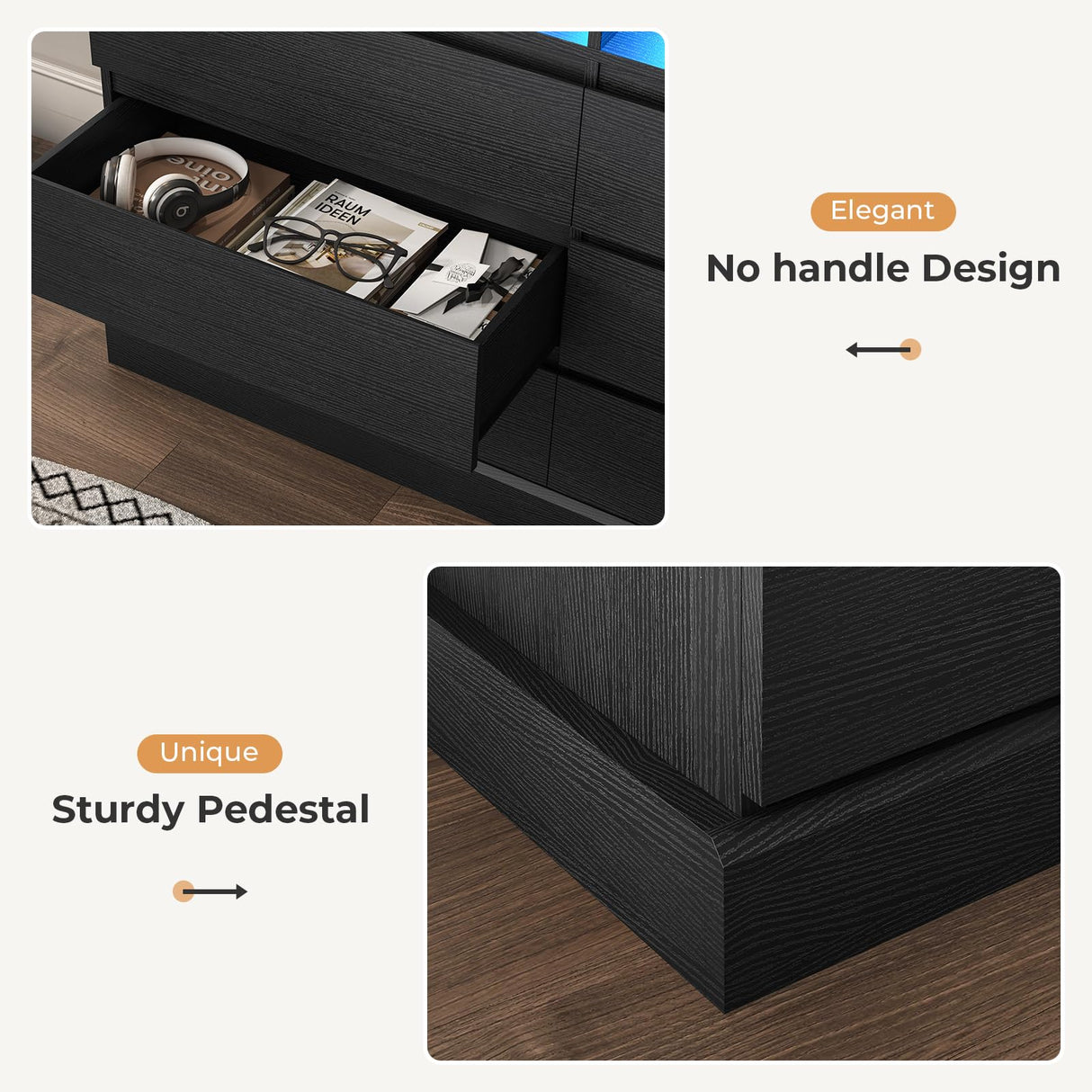 DICTAC Dresser for Bedroom with LED Lights and Charging Station, Black Dresser with No Handle Drawers, Modern Chest of Drawers, Dimensions 50.4''L x 15.7''D x 36.7''H DICTAC