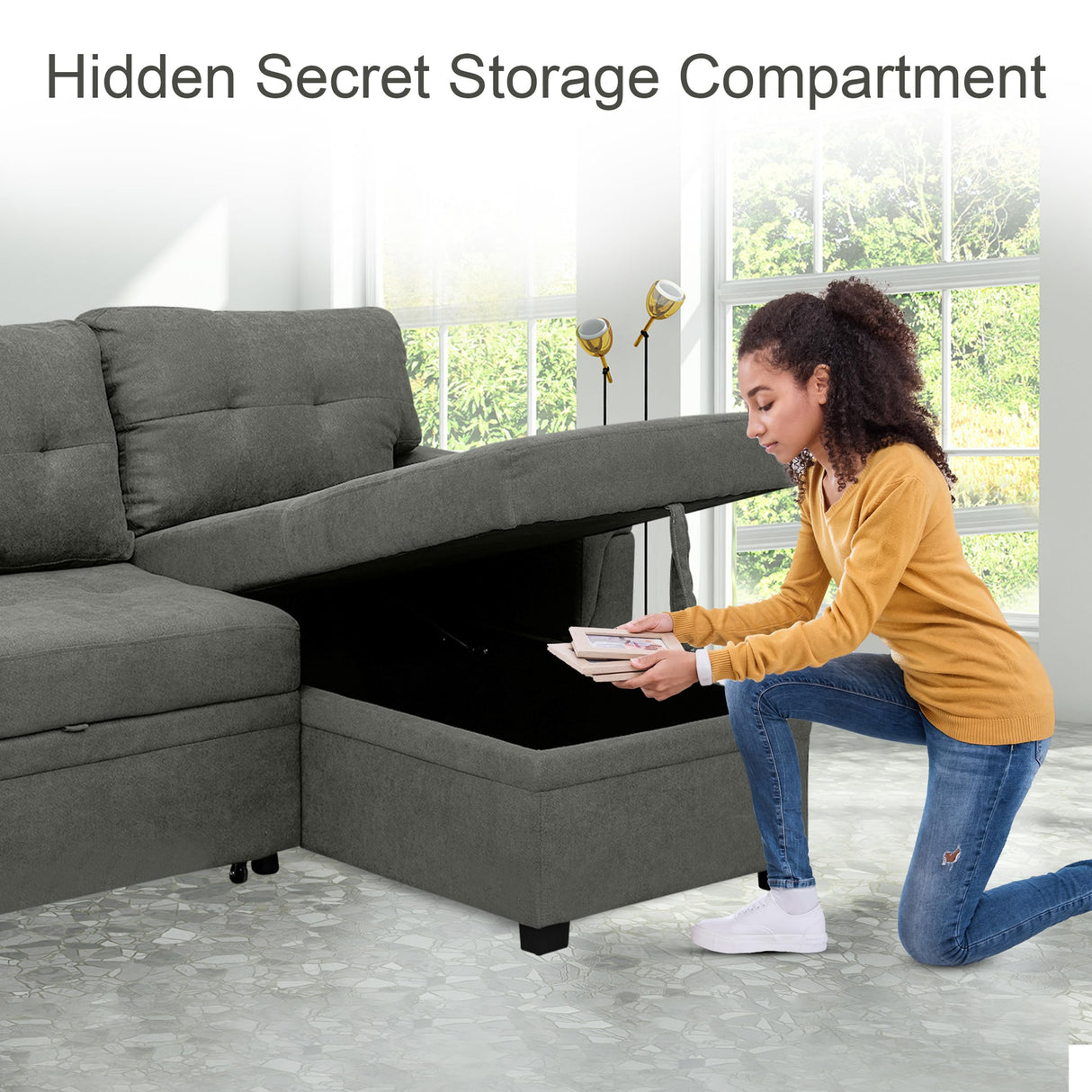 Naomi Home Transform Any Space: Sleeper Sectional Sofa with Convertible Sofa Bed & Inviting Chaise. Find Tranquil Comfort with Stress-Relieving Design & Durable Cushions - Gray/Velvet Naomi Home