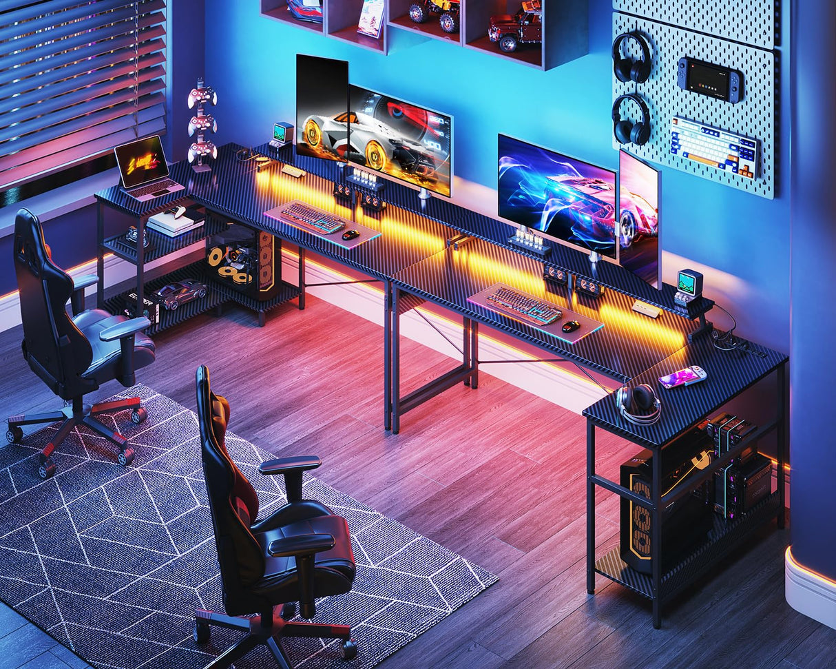 ODK 66 Inch Gaming Desk with USB Charging Ports and LED Lights, Reversible L Shaped Computer Desk with Storage Shelves & Monitor Stand, Corner Gamer Desk Table with Power Outlets, Carbon Fiber Black ODK