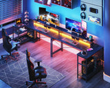 ODK 66 Inch Gaming Desk with USB Charging Ports and LED Lights, Reversible L Shaped Computer Desk with Storage Shelves & Monitor Stand, Corner Gamer Desk Table with Power Outlets, Carbon Fiber Black ODK