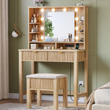 Homkdom Vanity Desk with HD Mirror and 3-Color Adjustable Lights, Fluted Makeup Vanity with Storage Stool, 2 Large Drawers & Charging Station, Small Vanity for Women's Bedroom, Dressing Room, Oak Homkdom