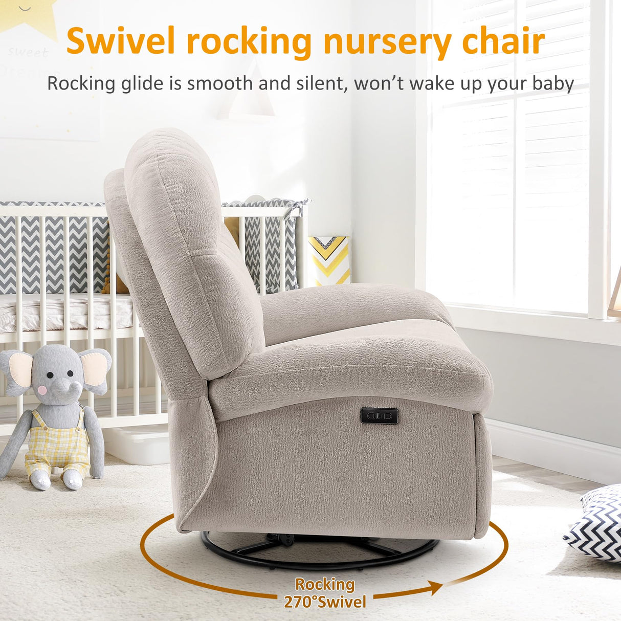 VANOMi Power Recliner Chair with USB & Type-C Charging, 270° Swivel Glider Rocker, Electric Nursery Recliner for Living Room, Bedroom, and Office, Light Gray VANOMi