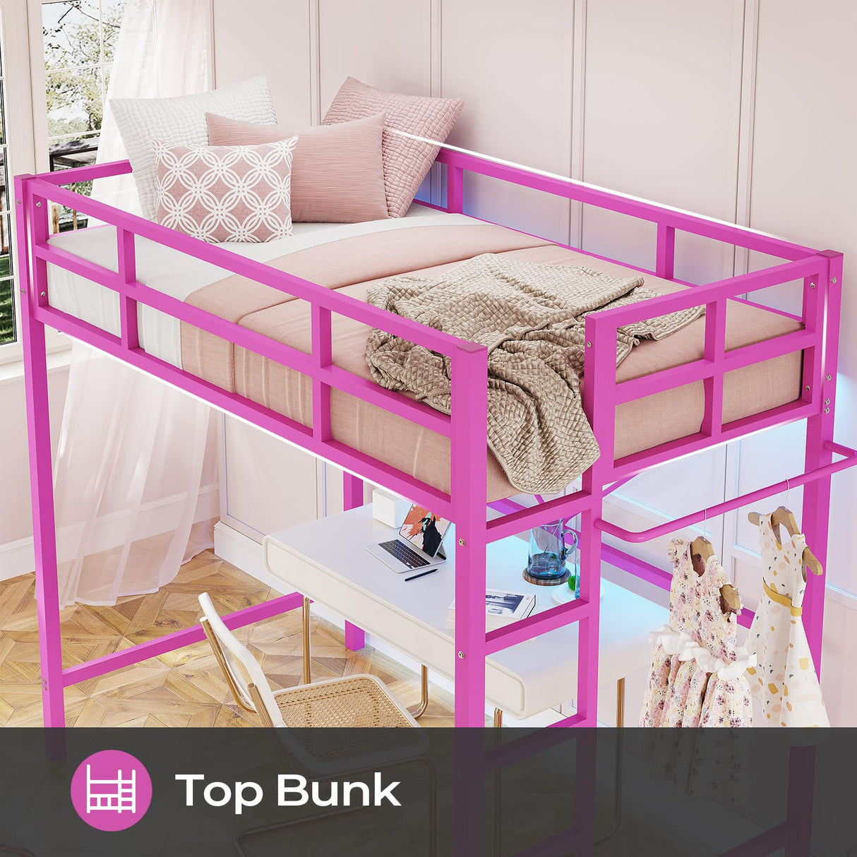 DICTAC Loft Bed Twin Size with Led Lights Metal Twin Loft Bed Frame with Full-Length Guardrail and Stair for Junior, Heavy Duty Metal Slats Support,Noise-Free, Space-Saving, No Box Spring Needed, Pink DICTAC