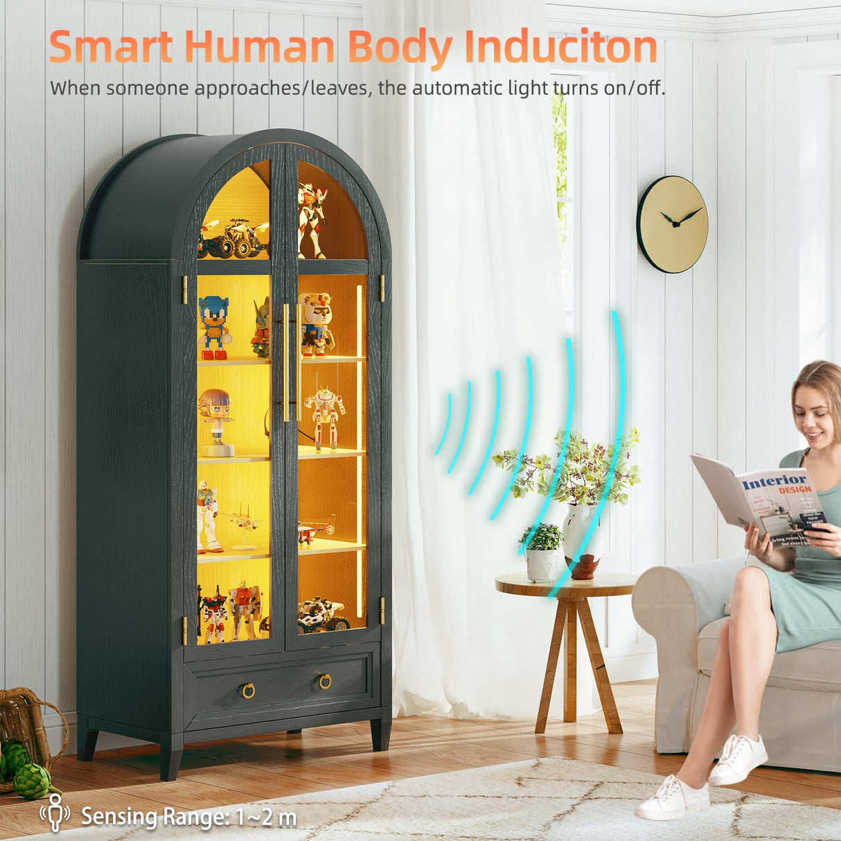 MDGC Arch Display Cabinet with Glass Doors, 4-Tier Curio Cabinet Shelves and a Drawer,73" Inch Tall LED Display Case for Collectibles,Bookcase for Bedroom Living Room Office,Black MDGC