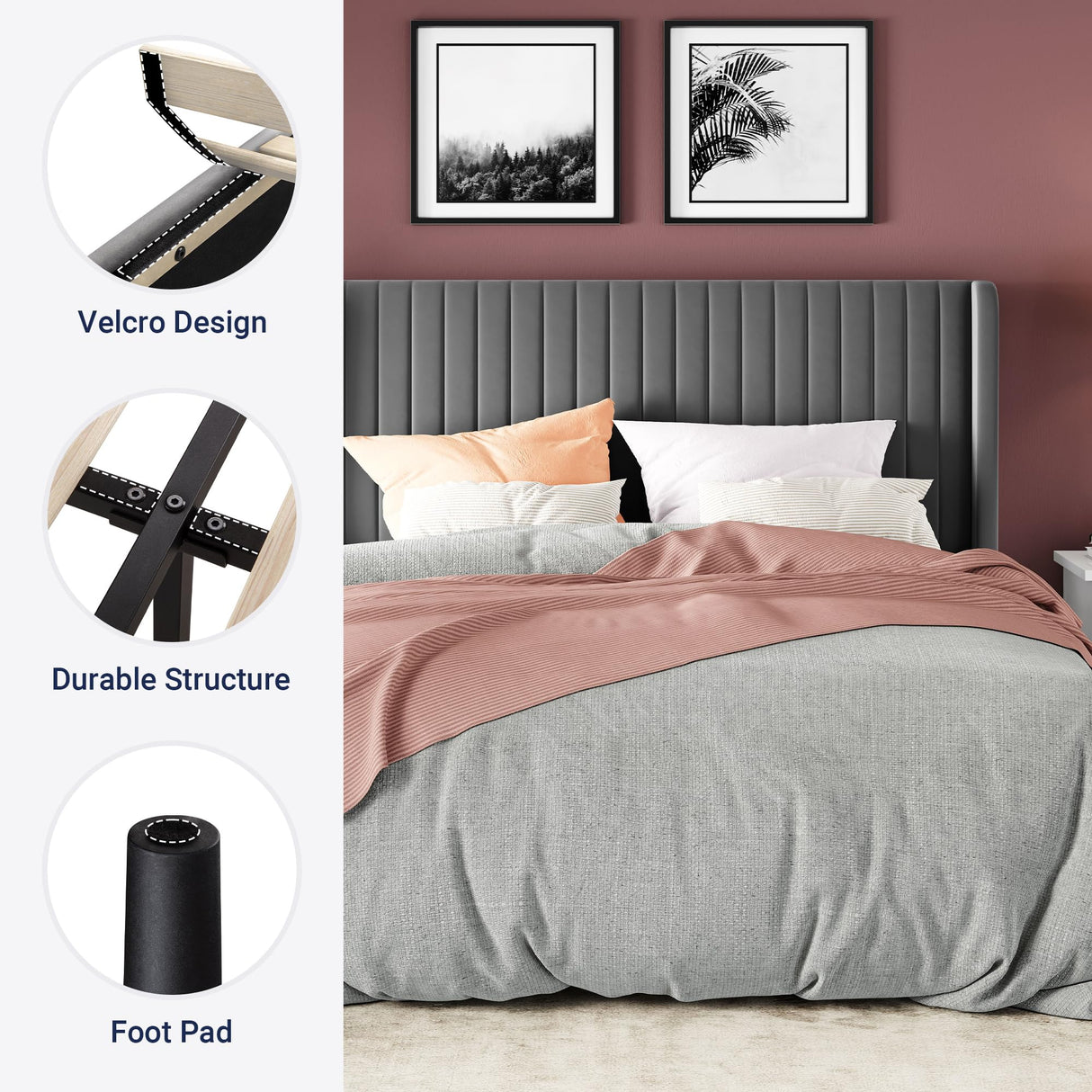 Allewie Full Size Velvet Bed Frame/Vertical Channel Tufted Wingback Headboard/Upholstered Platform Bed/Strong Wooden Slats/No Box Spring Needed/Easy Assembly/Grey Allewie