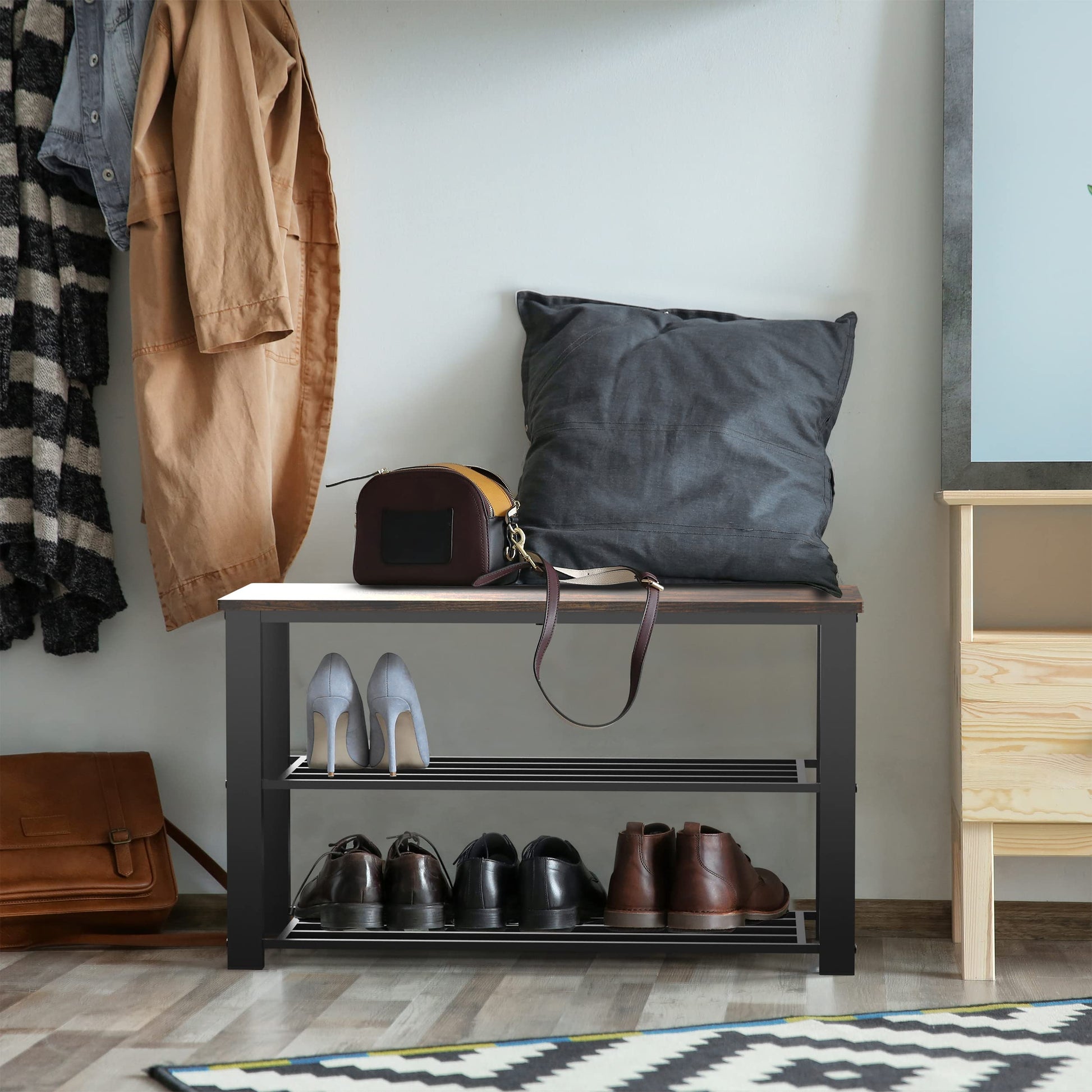 Simple Houseware Wood Top Shoe Storage Bench for Entryway, Rustic Brown - WoodArtSupply