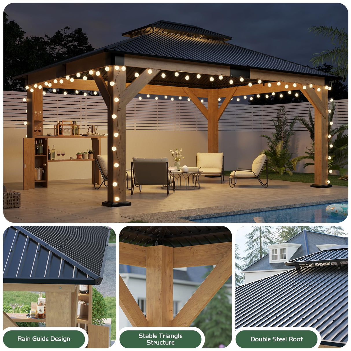 AMERLIFE 10x12 Wood Gazebo, Hardtop Gazebo with Spruce Frame and Aluminum Double Roof, Outdoor Pergola for Parties, Backyard, Patio, Lawns, Black + Natura Wood AMERLIFE