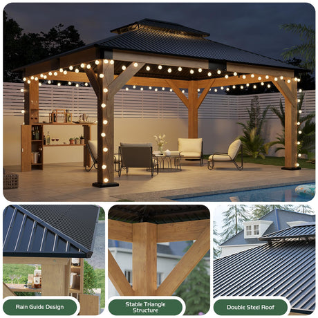 AMERLIFE 13x15 Hardtop Gazebo, Spruce Wood Gazebo with Storage Bar Counter, Outdoor Pavilion with Double Iron Roof, for Patio, Lawns, Garage, Black + Natural Wood AMERLIFE