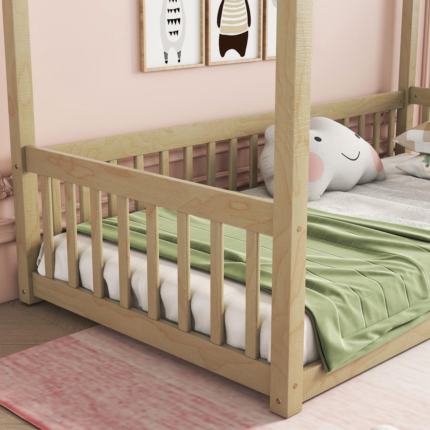 Bellemave Twin Natural Wood Canopy Bed Frame with Safety Guardrails for Kids - WoodArtSupply