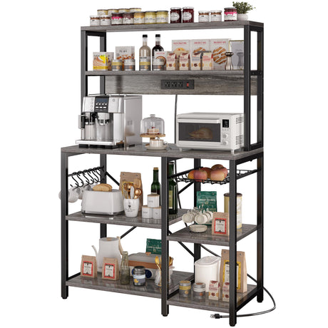 SUPERJARE Bakers Rack with Power Outlet, 35.4 Inches Coffee Bar with Wire Basket, Kitchen Microwave Stand with 6 S-Shaped Hooks, Open Storage Shelves, Charcoal Gray SUPERJARE