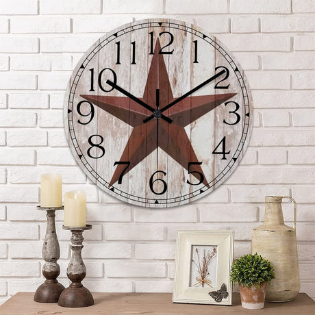 Tollyee Rustic Farmhouse Wall Clock Western Texas Star Country Vintage Style Wood Clock Silent Non-Ticking Battery Operated Wooden Analog Clock for Living Room Bathroom School Home Accent 10 Inch Tollyee