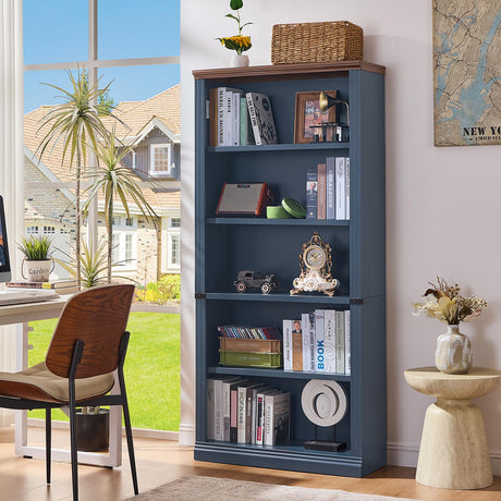 RWYHG 70" Blue Tall Bookshelf,5-Tier Thick Wooden Book Shelf with Adjustable Shelves,Free Standing Farmhouse Bookcase with Open Display Storage,Floor Vintage Bookshelves for Living Room,Office RWYHG