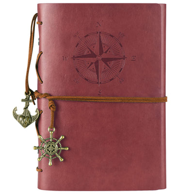 MALEDEN Leather Journal Refillable, Premium Spiral Notebook Classic Binder Vintage Embossed Travelers Journal with Blank Paper and Retro Pendants (Red)