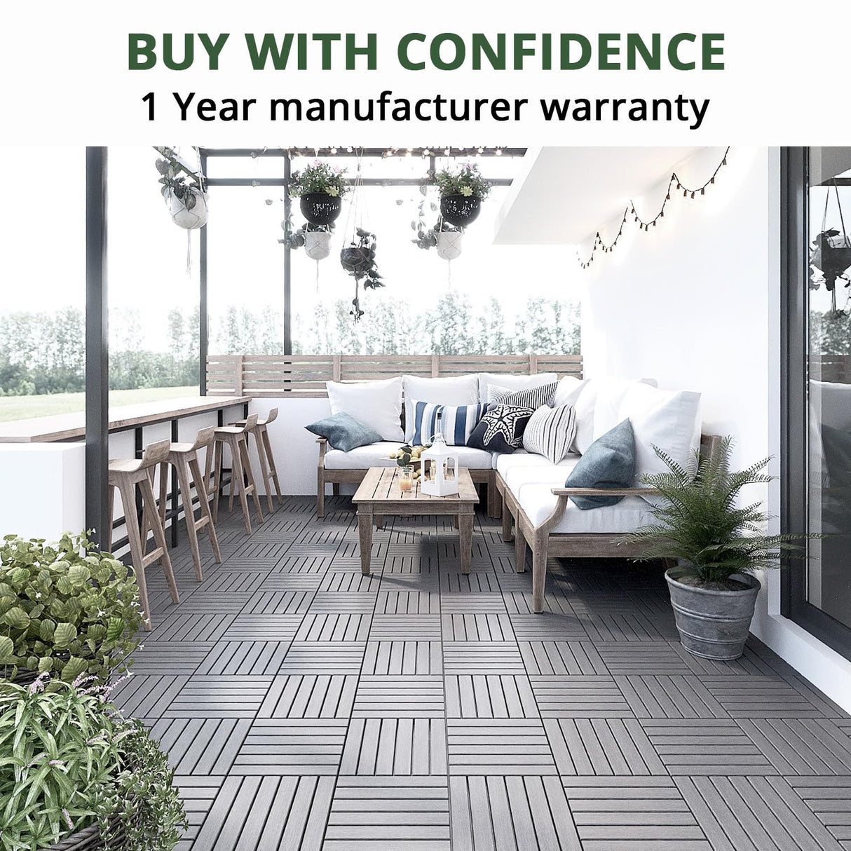 BEEFURNI Acacia Interlocking Deck Tiles (12"x 12" 20 PCS), Wood Deck Tiles Interlocking Outdoor All Weather, Patio Flooring for Indoor Outdoor use, 1 Year Warranty (Light Gray) BEEFURNI