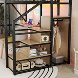 KEIKI Queen Loft Bed with Desk, USB Charging Station, Stairs, and Built-in Storage Shelves for Kids & Teens, Black KEIKI