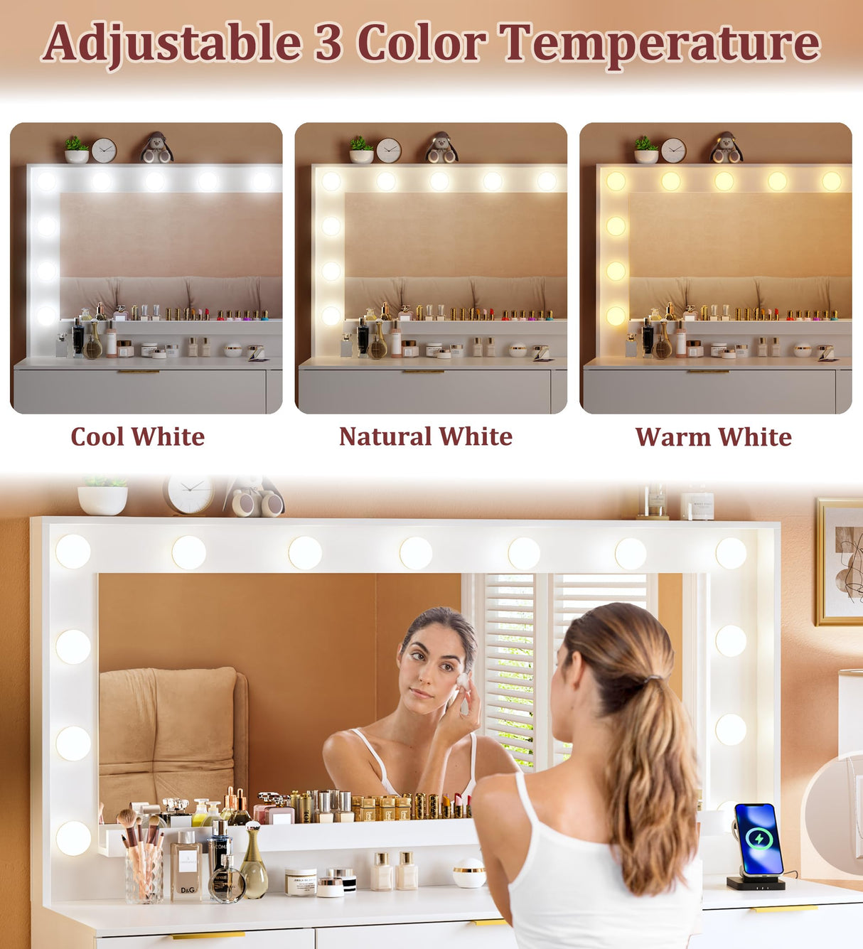 ALEXNUTRE Vanity Desk with Large Mirror and Lights, 45.3in Makeup Vanity with Power Outlet 9 Drawers & Storage, 3 Lighting Color Adjustable, White Vanity Desk for Bedroom ALEXNUTRE