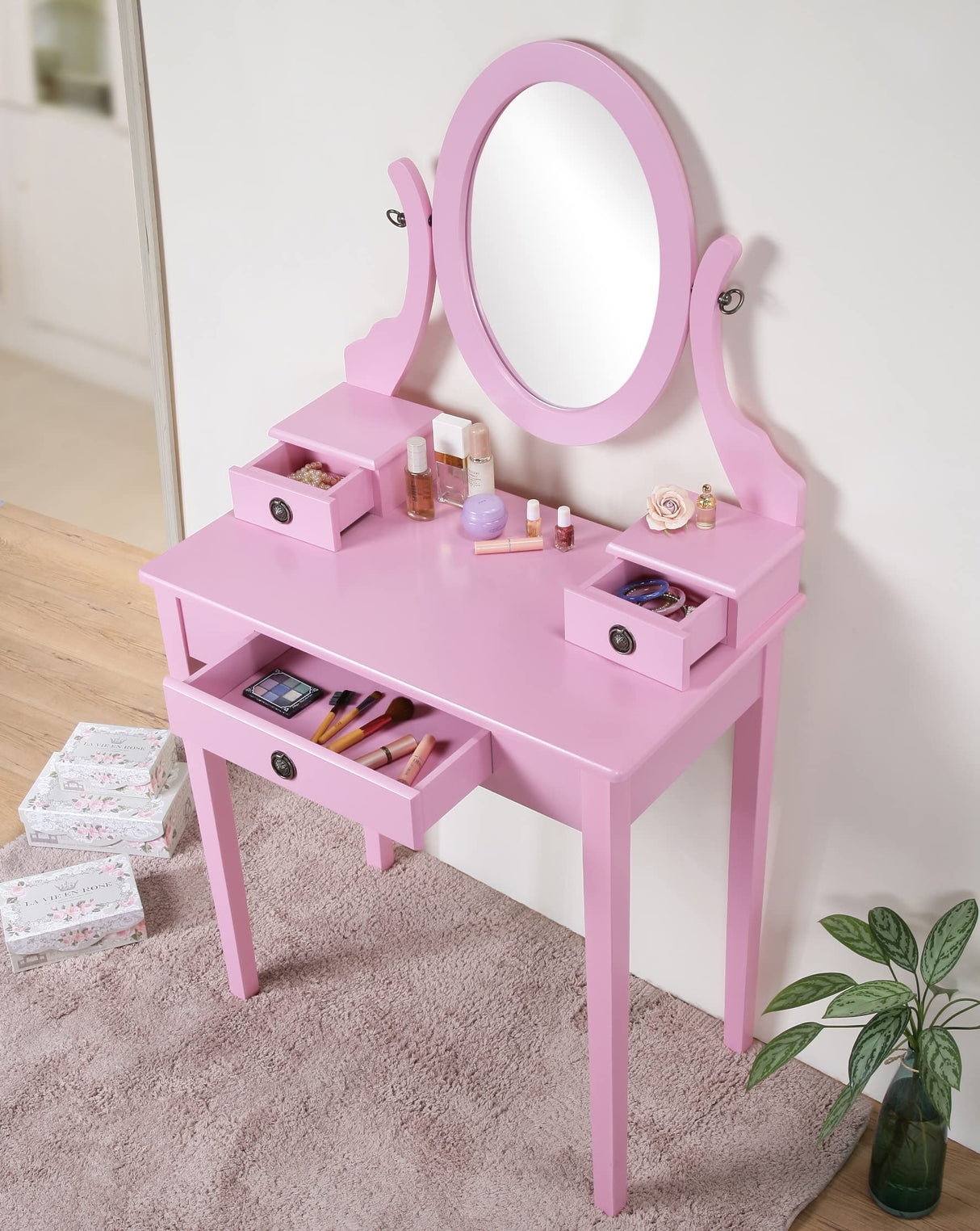 Roundhill Furniture Moniys Moniya Pink Wood Makeup Vanity Table and Stool Set Roundhill Furniture