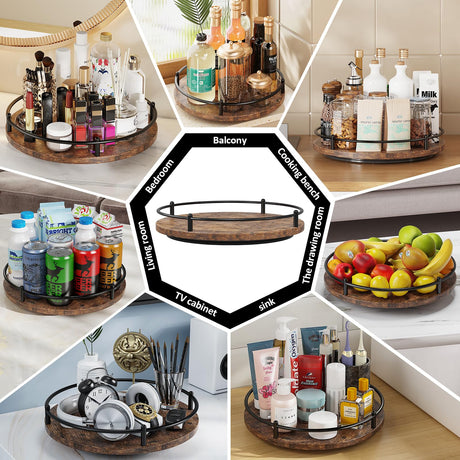 KOKSTOP Lazy Susan Organizer：9 Inch Rotating Spice Rack for Kitchen Countertop Round Wooden Turntable Holder for Cabinet, Dining Table, Cupboard Storage – Black KOKSTOP