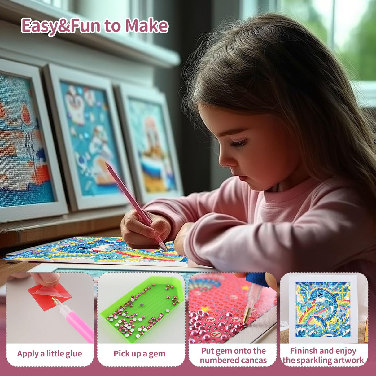 Gemozaic Diamond Art Kits for Kids with Frame, Dolphin Diamond Art for Kids Ages 4-6 for Gift Home Wall Decor (7x7inch) Gemozaic