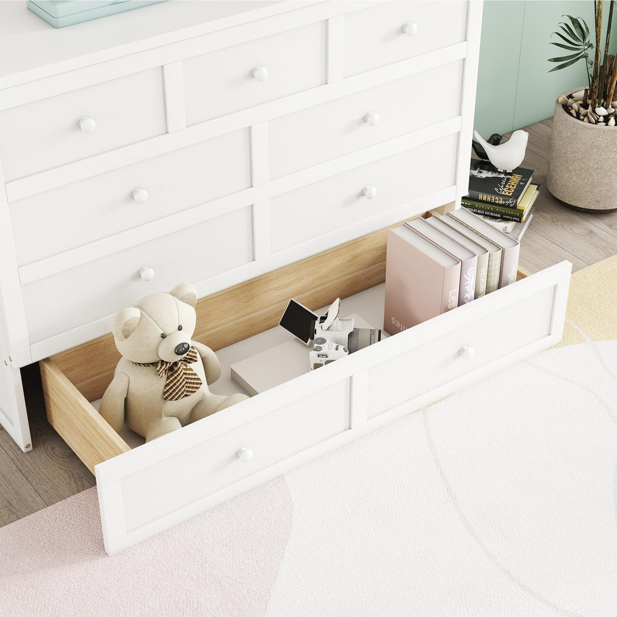 DNChuan Full Size Murphy Bed Cabinet with Storage Drawer and USB Port, Foldable Cube Chest Platform Bed, Pine Wood Frame, Space Saving, No Box Spring Required, White DNChuan