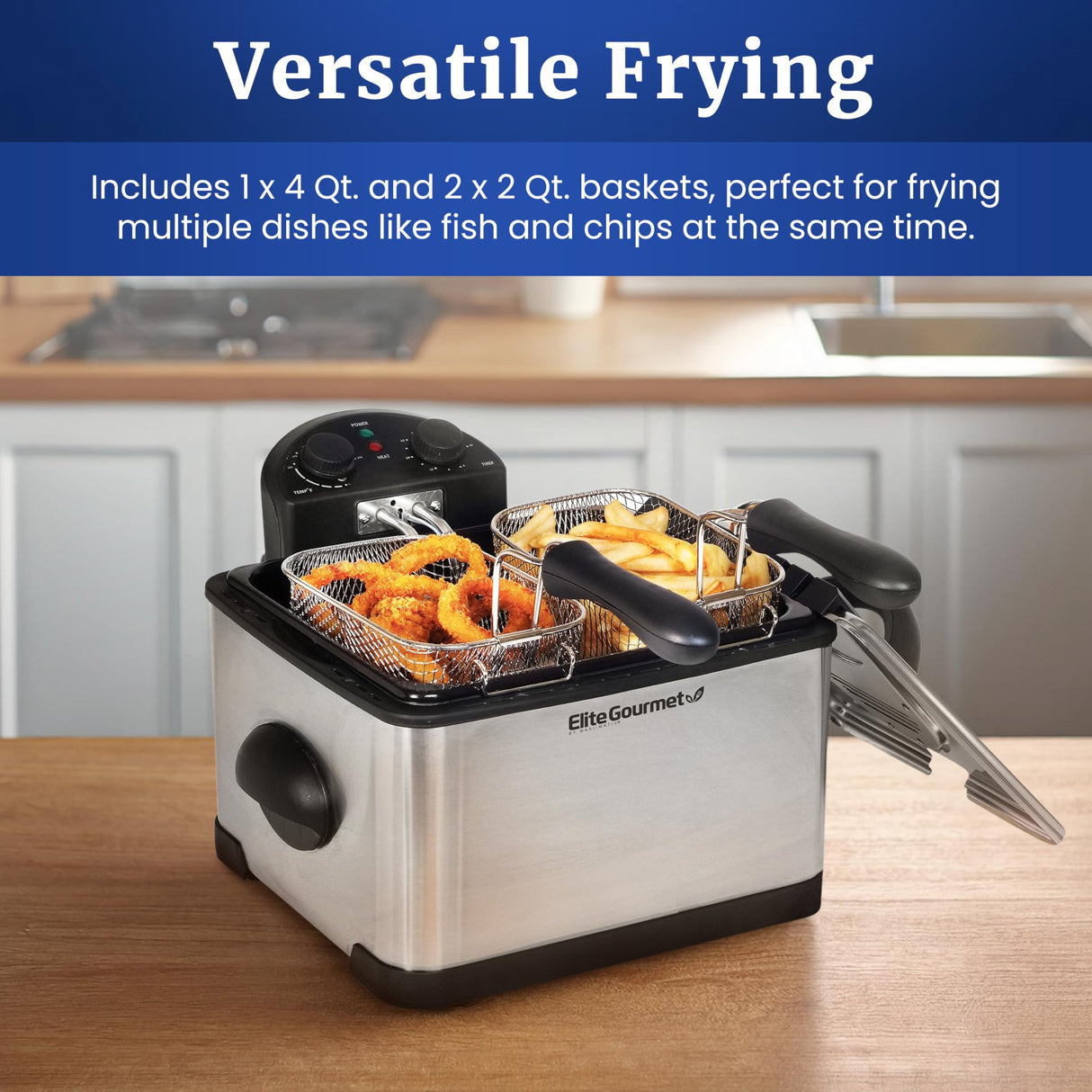 Elite Gourmet EDF-401T Electric 4.5 Qt. / 17 Cup Immersion Deep Fryer 3-Baskets, 1700-Watt, Timer Control Adjustable Temperature, Lid with Viewing Window and Odor Free Filter Elite Gourmet