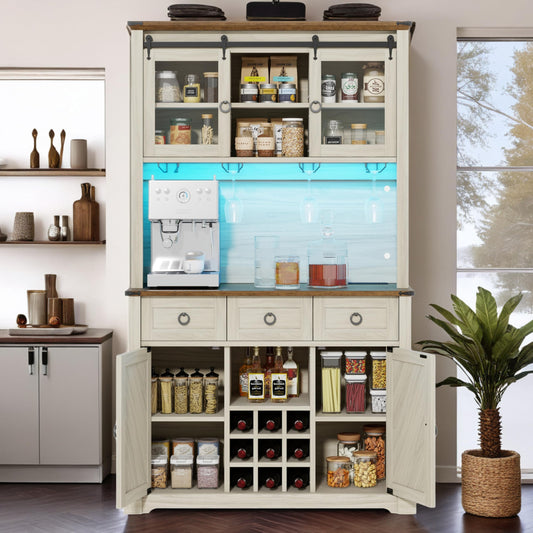 YITAHOME Farmhouse Kitchen Pantry Cabinet, 72" Tall Storage Cabinet with 3 Drawers,Bar Cabinet with Bottle Rack and Wine Glass Holder, Large Kitchen Buffet with LED Lights, Off White+Walnut Grain