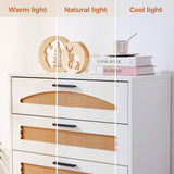 Mericonia 5 Drawer Rattan Dresser for Bedroom, Wood Tall Dresser for Closet with Metal Handles, Boho Nightstand Sets, Dressers & Chests of Drawers for Bedroom, Hallway and Entryway, White Mericonia