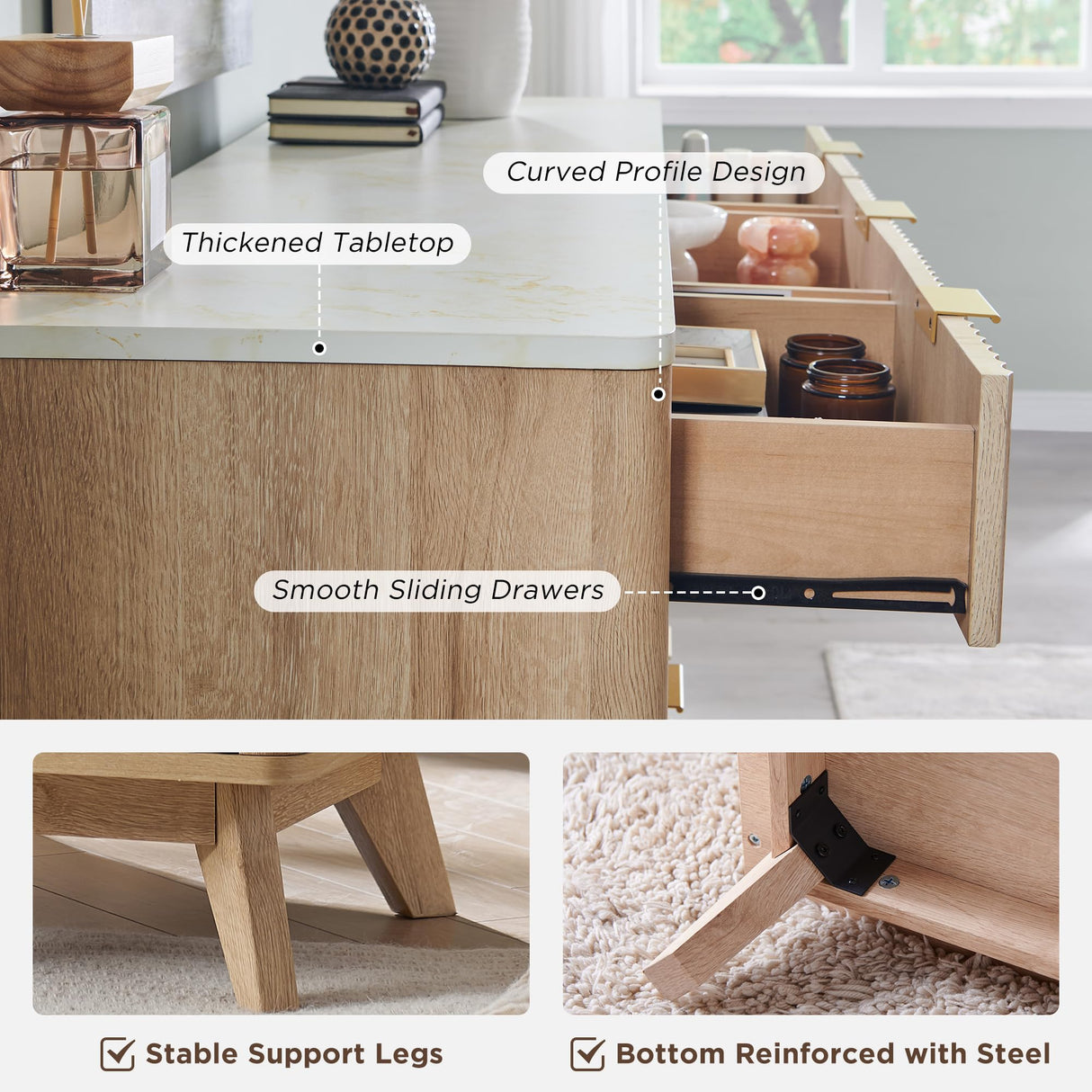 T4TREAM Fluted 9 Drawer Dresser, Modern Chest of Drawers with Faux Marble Top, Curved Profile Design, Dresser TV Stand, Wood Drawer Organizer for Bedroom, Living Room, Hallway, Natural Oak T4TREAM