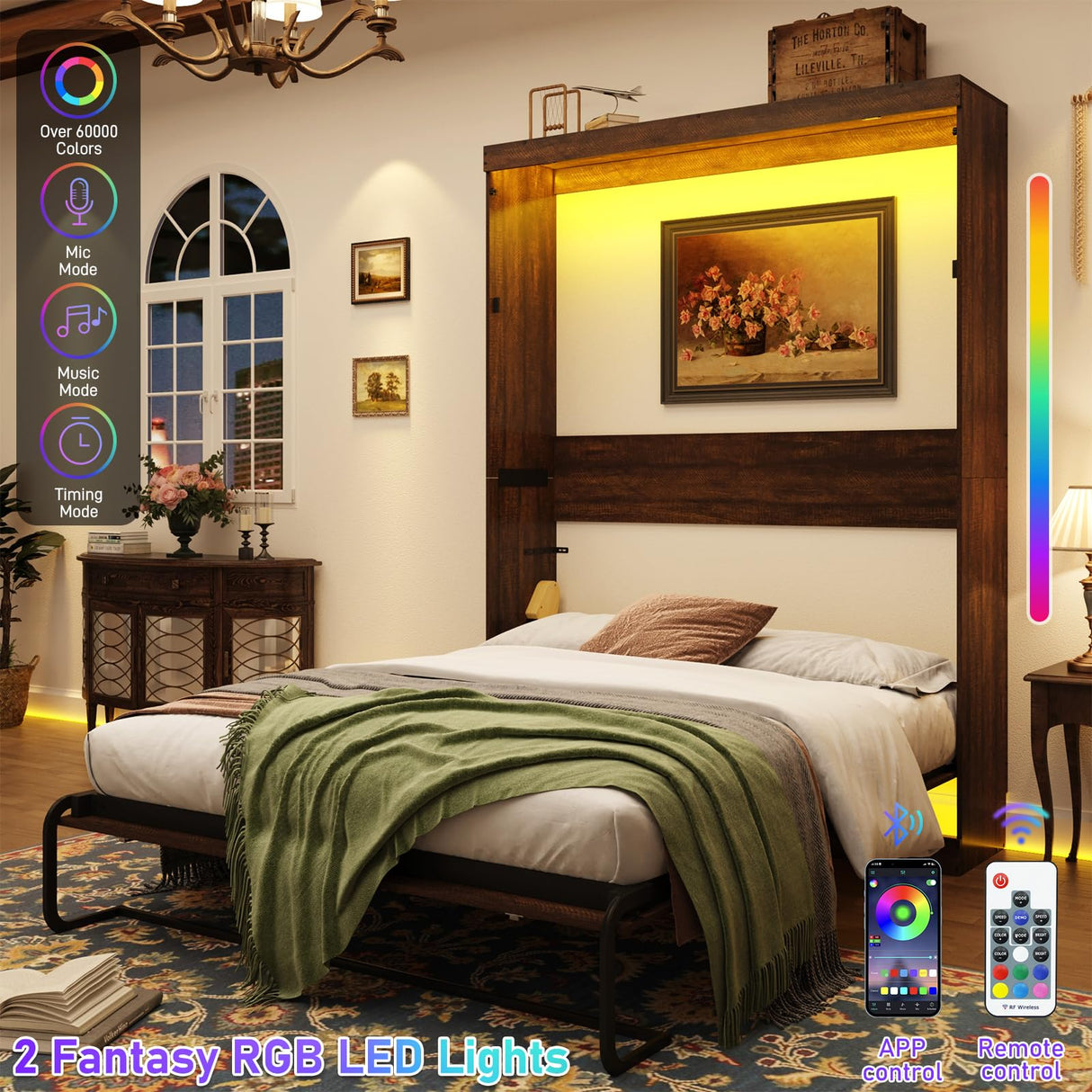 Hlivelood Queen Size Murphy Bed with 2 LED Lights, Farmhouse Wood Hidden Foldable Wall Bed Frame w/Gas Struts, Storage Bed Cabinet for Bedroom, Office, Space-Saving, No Box Spring Needed, Brown Hlivelood