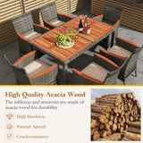 HAPPYGRILL 7 Piece Patio Rattan Dining Set Outdoor Wicker Chair & Table Set, Acacia Wood Tabletop & Armrests, Seat Cushions Included, Space-Saving Dining Set for Poolside Backyard Garden HAPPYGRILL