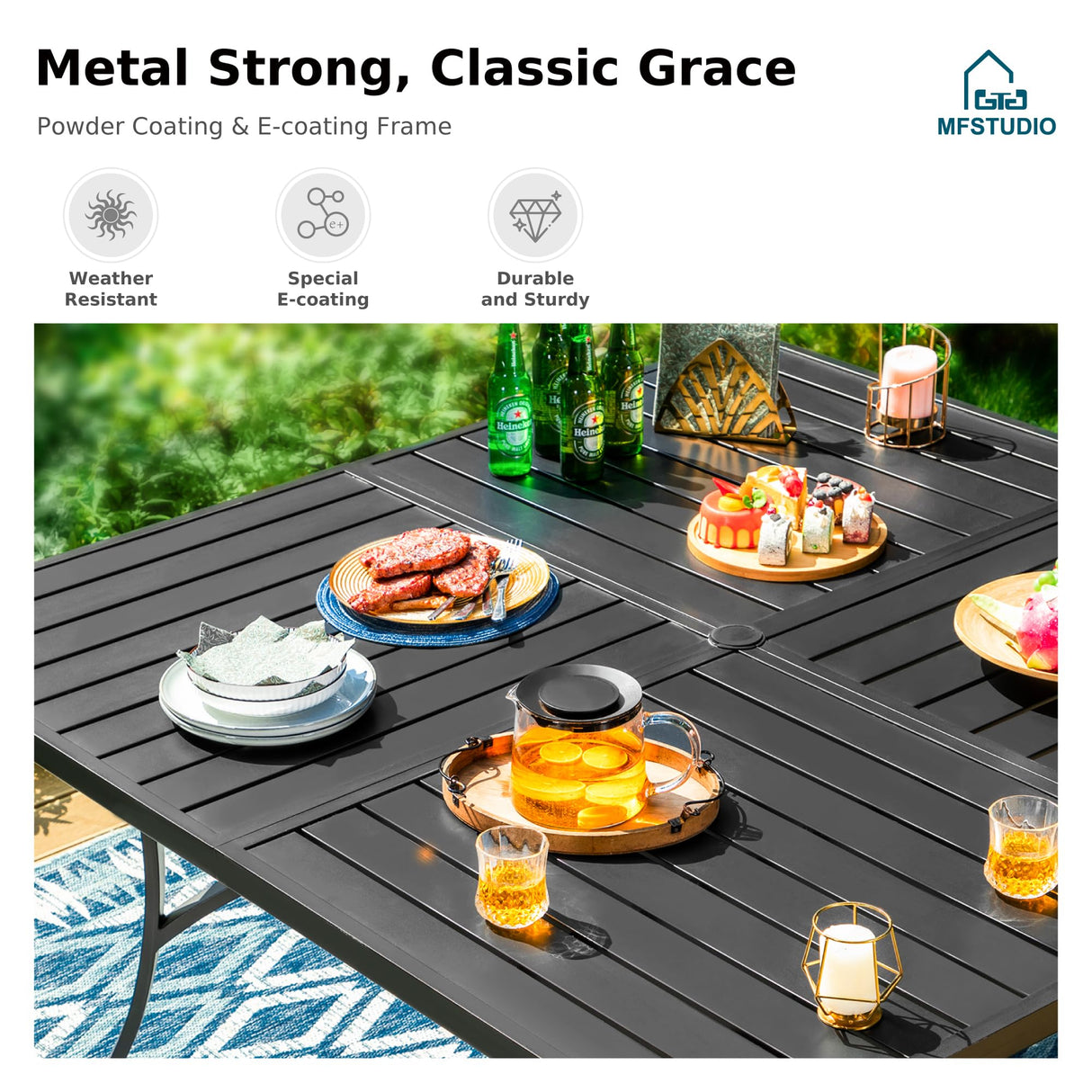 MFSTUDIO 60" Square Metal Outdoor Dining Table, Large Patio Furniture 8 Person Table with Adjustable Umbrella Hole for Deck,Backyard,Lawn,Garden(Black) MFSTUDIO