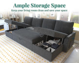 VanAcc Sleeper Sofa, 110 inch Oversize - 2 in 1 Pull Out Bed, Sectional Sleeper Sofa with Double Storage Chaise for Living Room, Grey Linen Couch VanAcc